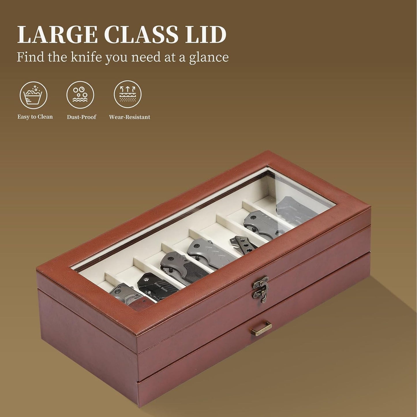 2-Tier PU Leather & Velvet Knife Organizer with 17 Slots,Transparent Glass Top & Drawer,Compact Storage for Pocket Knives,Perfect for Men's Collections & Gifts,Coffee,MKAW012