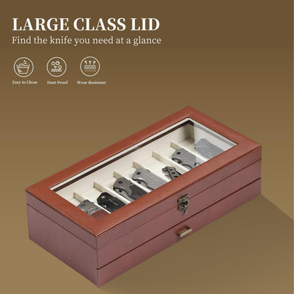 2-Tier PU Leather & Velvet Knife Organizer with 17 Slots,Transparent Glass Top & Drawer,Compact Storage for Pocket Knives,Perfect for Men's Collections & Gifts,Coffee,MKAW012