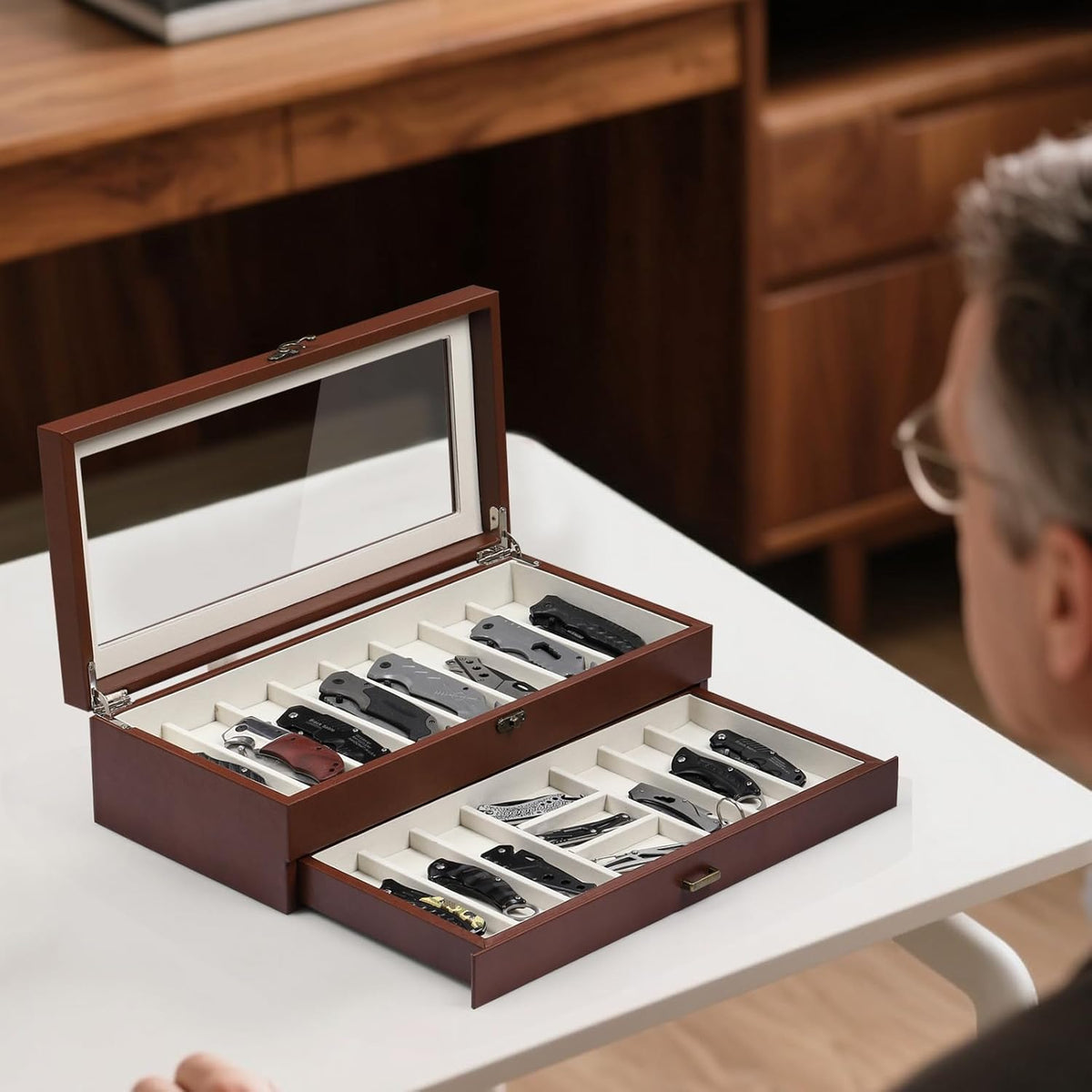 2-Tier PU Leather & Velvet Knife Organizer with 17 Slots,Transparent Glass Top & Drawer,Compact Storage for Pocket Knives,Perfect for Men's Collections & Gifts,Coffee,MKAW012