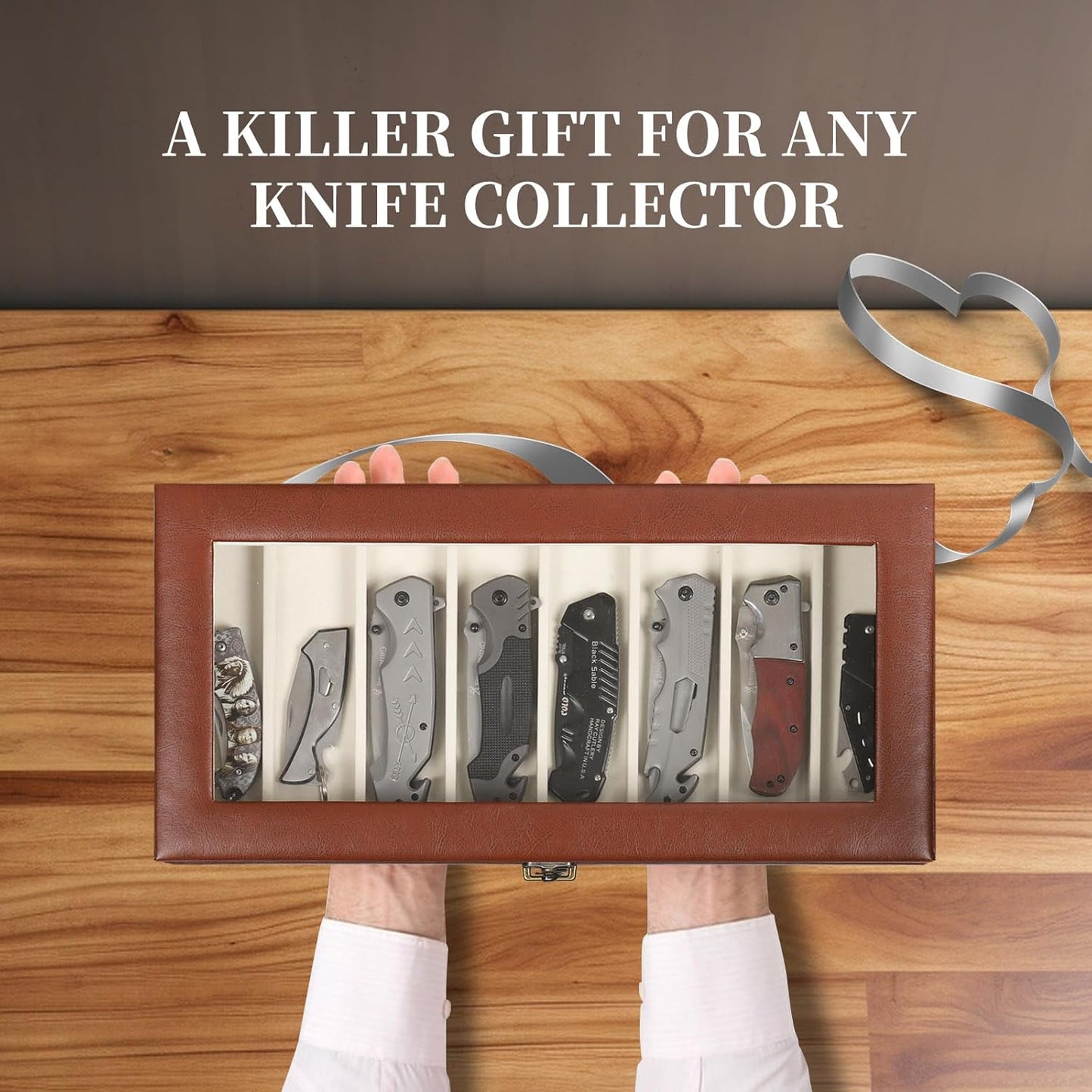 2-Tier PU Leather & Velvet Knife Organizer with 17 Slots,Transparent Glass Top & Drawer,Compact Storage for Pocket Knives,Perfect for Men's Collections & Gifts,Coffee,MKAW012