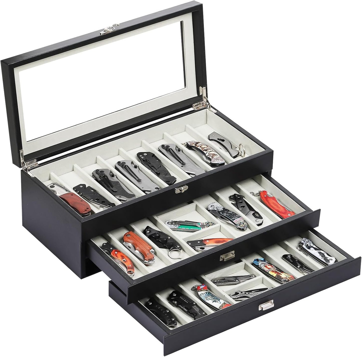 2-Tier PU Leather & Velvet Knife Organizer with 17 Slots,Transparent Glass Top & Drawer,Compact Storage for Pocket Knives,Perfect for Men's Collections & Gifts,Coffee,MKAW012