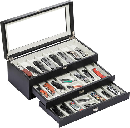 2-Tier PU Leather & Velvet Knife Organizer with 17 Slots,Transparent Glass Top & Drawer,Compact Storage for Pocket Knives,Perfect for Men's Collections & Gifts,Coffee,MKAW012