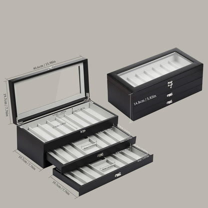 2-Tier PU Leather & Velvet Knife Organizer with 17 Slots,Transparent Glass Top & Drawer,Compact Storage for Pocket Knives,Perfect for Men's Collections & Gifts,Coffee,MKAW012