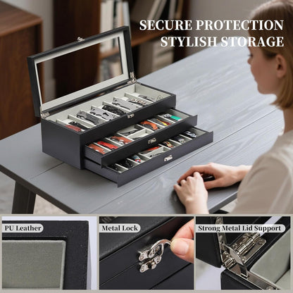 2-Tier PU Leather & Velvet Knife Organizer with 17 Slots,Transparent Glass Top & Drawer,Compact Storage for Pocket Knives,Perfect for Men's Collections & Gifts,Coffee,MKAW012