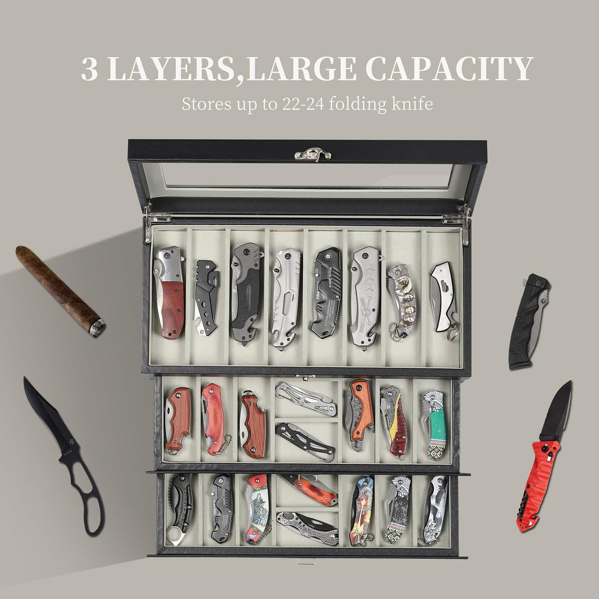 2-Tier PU Leather & Velvet Knife Organizer with 17 Slots,Transparent Glass Top & Drawer,Compact Storage for Pocket Knives,Perfect for Men's Collections & Gifts,Coffee,MKAW012