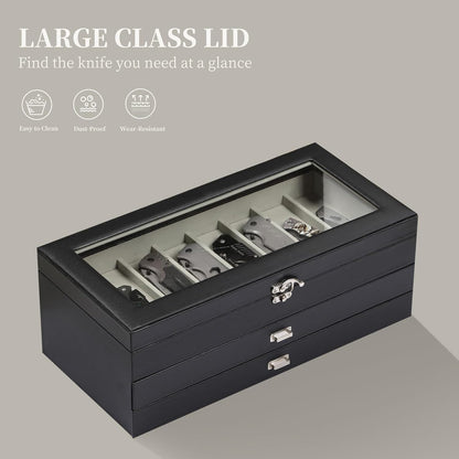2-Tier PU Leather & Velvet Knife Organizer with 17 Slots,Transparent Glass Top & Drawer,Compact Storage for Pocket Knives,Perfect for Men's Collections & Gifts,Coffee,MKAW012