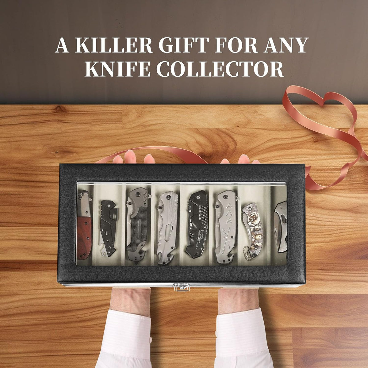 2-Tier PU Leather & Velvet Knife Organizer with 17 Slots,Transparent Glass Top & Drawer,Compact Storage for Pocket Knives,Perfect for Men's Collections & Gifts,Coffee,MKAW012