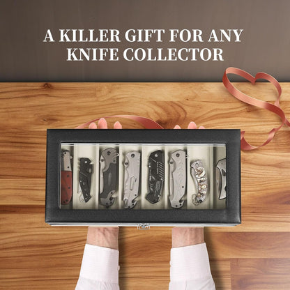 2-Tier PU Leather & Velvet Knife Organizer with 17 Slots,Transparent Glass Top & Drawer,Compact Storage for Pocket Knives,Perfect for Men's Collections & Gifts,Coffee,MKAW012