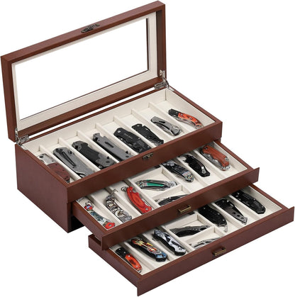 2-Tier PU Leather & Velvet Knife Organizer with 17 Slots,Transparent Glass Top & Drawer,Compact Storage for Pocket Knives,Perfect for Men's Collections & Gifts,Coffee,MKAW012