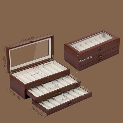 2-Tier PU Leather & Velvet Knife Organizer with 17 Slots,Transparent Glass Top & Drawer,Compact Storage for Pocket Knives,Perfect for Men's Collections & Gifts,Coffee,MKAW012