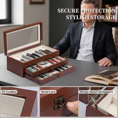 2-Tier PU Leather & Velvet Knife Organizer with 17 Slots,Transparent Glass Top & Drawer,Compact Storage for Pocket Knives,Perfect for Men's Collections & Gifts,Coffee,MKAW012