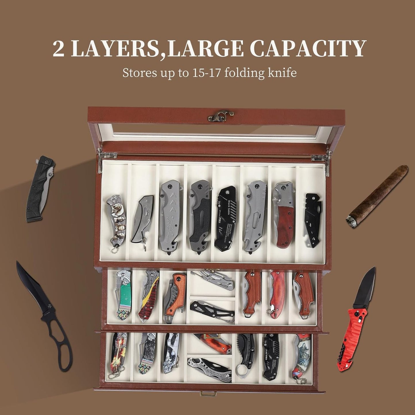 2-Tier PU Leather & Velvet Knife Organizer with 17 Slots,Transparent Glass Top & Drawer,Compact Storage for Pocket Knives,Perfect for Men's Collections & Gifts,Coffee,MKAW012
