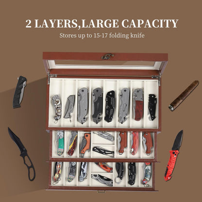 2-Tier PU Leather & Velvet Knife Organizer with 17 Slots,Transparent Glass Top & Drawer,Compact Storage for Pocket Knives,Perfect for Men's Collections & Gifts,Coffee,MKAW012