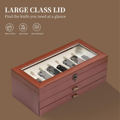 2-Tier PU Leather & Velvet Knife Organizer with 17 Slots,Transparent Glass Top & Drawer,Compact Storage for Pocket Knives,Perfect for Men's Collections & Gifts,Coffee,MKAW012