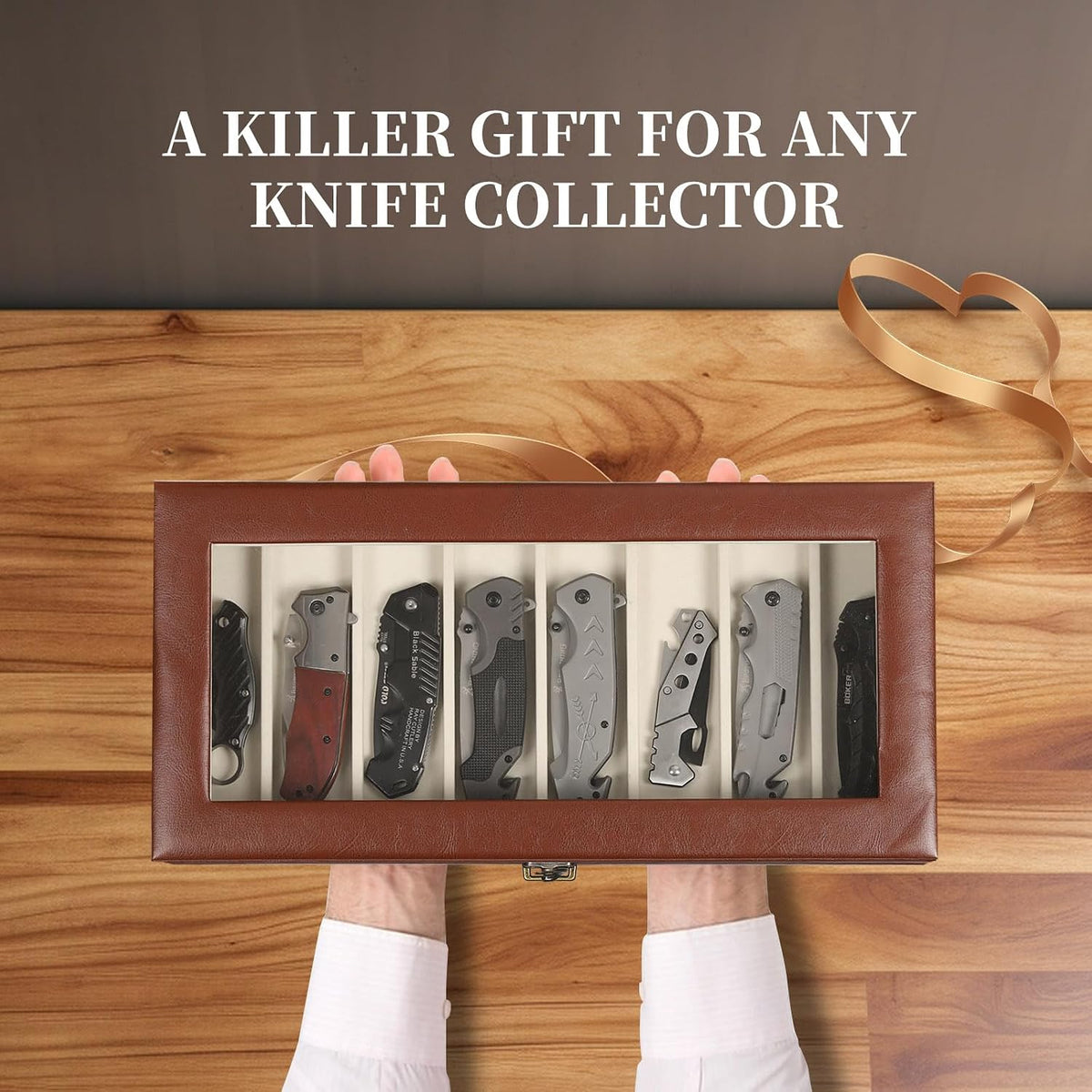 2-Tier PU Leather & Velvet Knife Organizer with 17 Slots,Transparent Glass Top & Drawer,Compact Storage for Pocket Knives,Perfect for Men's Collections & Gifts,Coffee,MKAW012