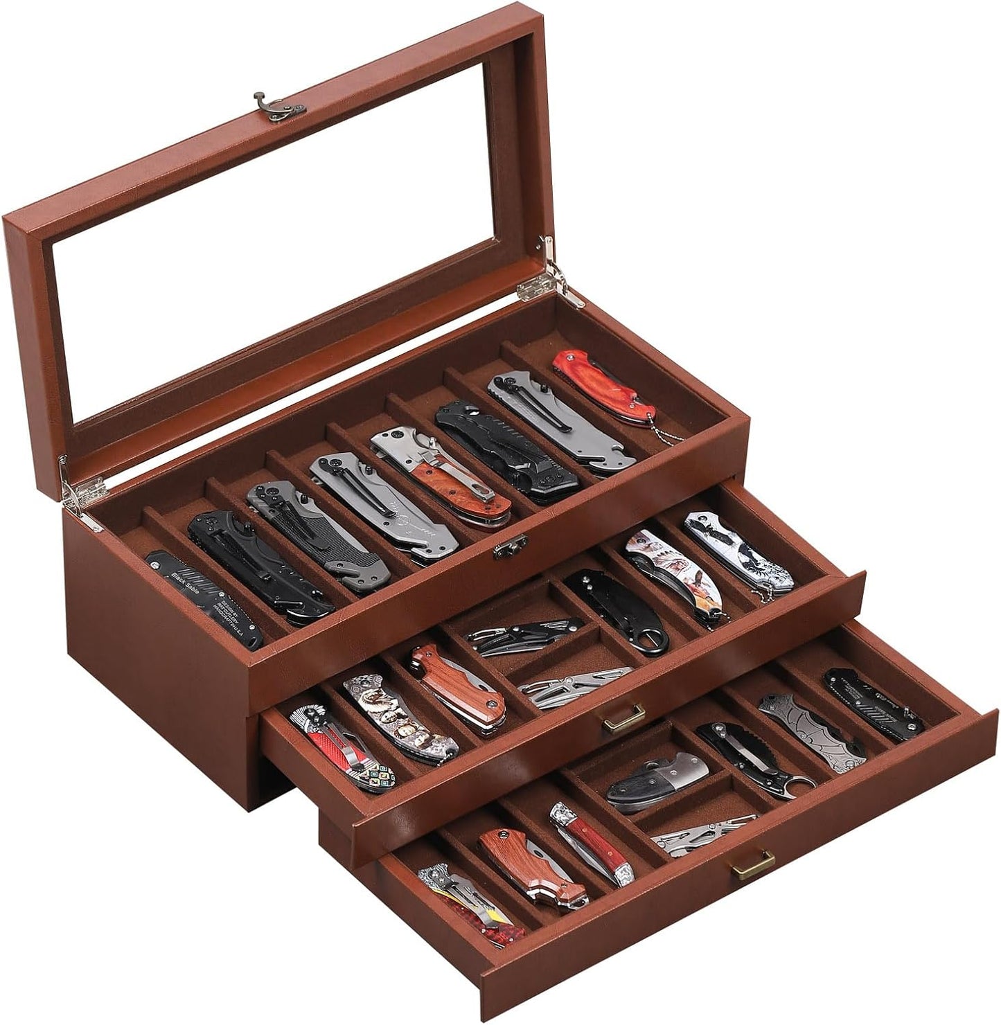 2-Tier PU Leather & Velvet Knife Organizer with 17 Slots,Transparent Glass Top & Drawer,Compact Storage for Pocket Knives,Perfect for Men's Collections & Gifts,Coffee,MKAW012