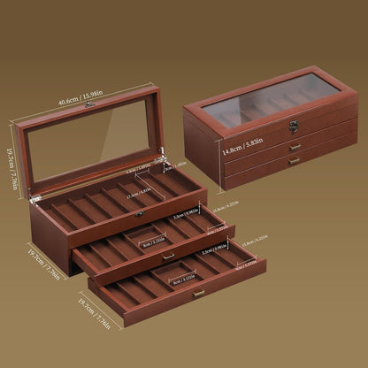 2-Tier PU Leather & Velvet Knife Organizer with 17 Slots,Transparent Glass Top & Drawer,Compact Storage for Pocket Knives,Perfect for Men's Collections & Gifts,Coffee,MKAW012