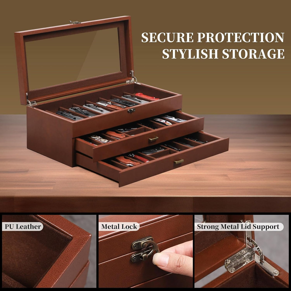 2-Tier PU Leather & Velvet Knife Organizer with 17 Slots,Transparent Glass Top & Drawer,Compact Storage for Pocket Knives,Perfect for Men's Collections & Gifts,Coffee,MKAW012
