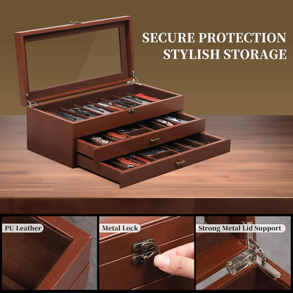 2-Tier PU Leather & Velvet Knife Organizer with 17 Slots,Transparent Glass Top & Drawer,Compact Storage for Pocket Knives,Perfect for Men's Collections & Gifts,Coffee,MKAW012