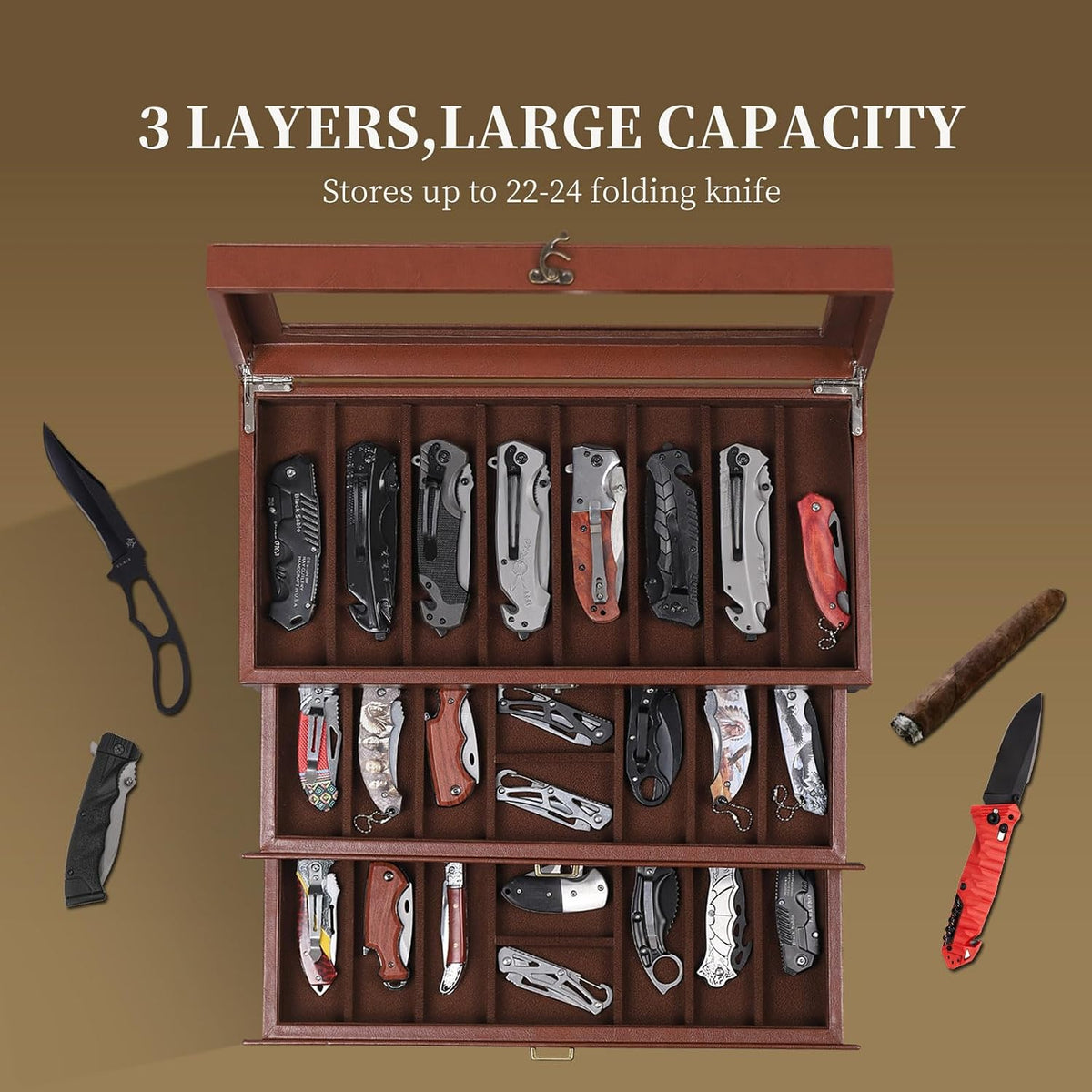 2-Tier PU Leather & Velvet Knife Organizer with 17 Slots,Transparent Glass Top & Drawer,Compact Storage for Pocket Knives,Perfect for Men's Collections & Gifts,Coffee,MKAW012