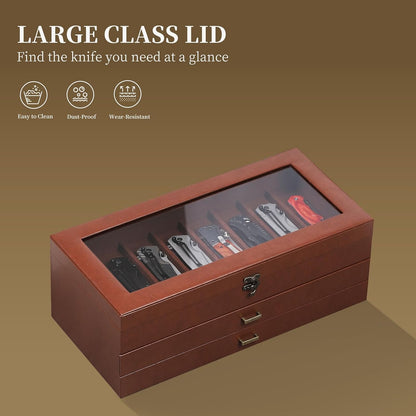2-Tier PU Leather & Velvet Knife Organizer with 17 Slots,Transparent Glass Top & Drawer,Compact Storage for Pocket Knives,Perfect for Men's Collections & Gifts,Coffee,MKAW012