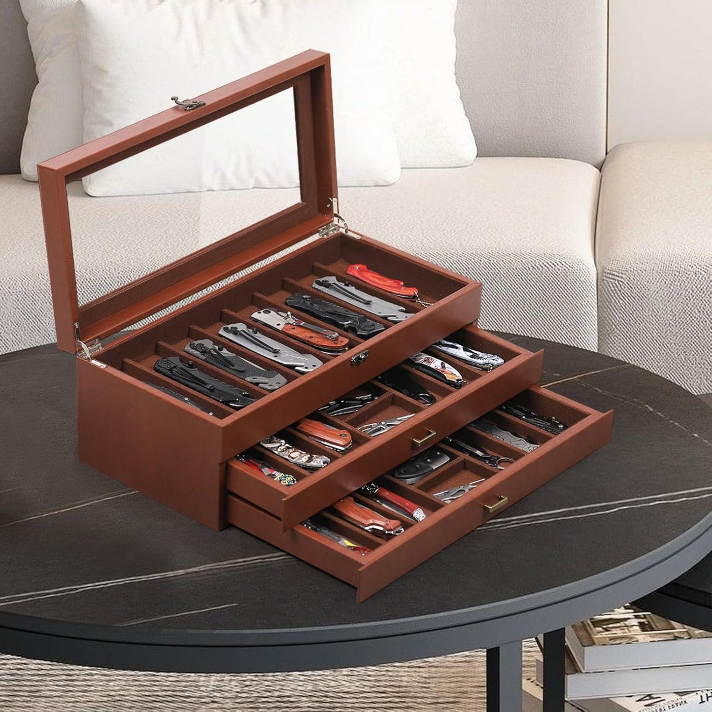 2-Tier PU Leather & Velvet Knife Organizer with 17 Slots,Transparent Glass Top & Drawer,Compact Storage for Pocket Knives,Perfect for Men's Collections & Gifts,Coffee,MKAW012