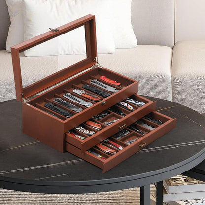 2-Tier PU Leather & Velvet Knife Organizer with 17 Slots,Transparent Glass Top & Drawer,Compact Storage for Pocket Knives,Perfect for Men's Collections & Gifts,Coffee,MKAW012