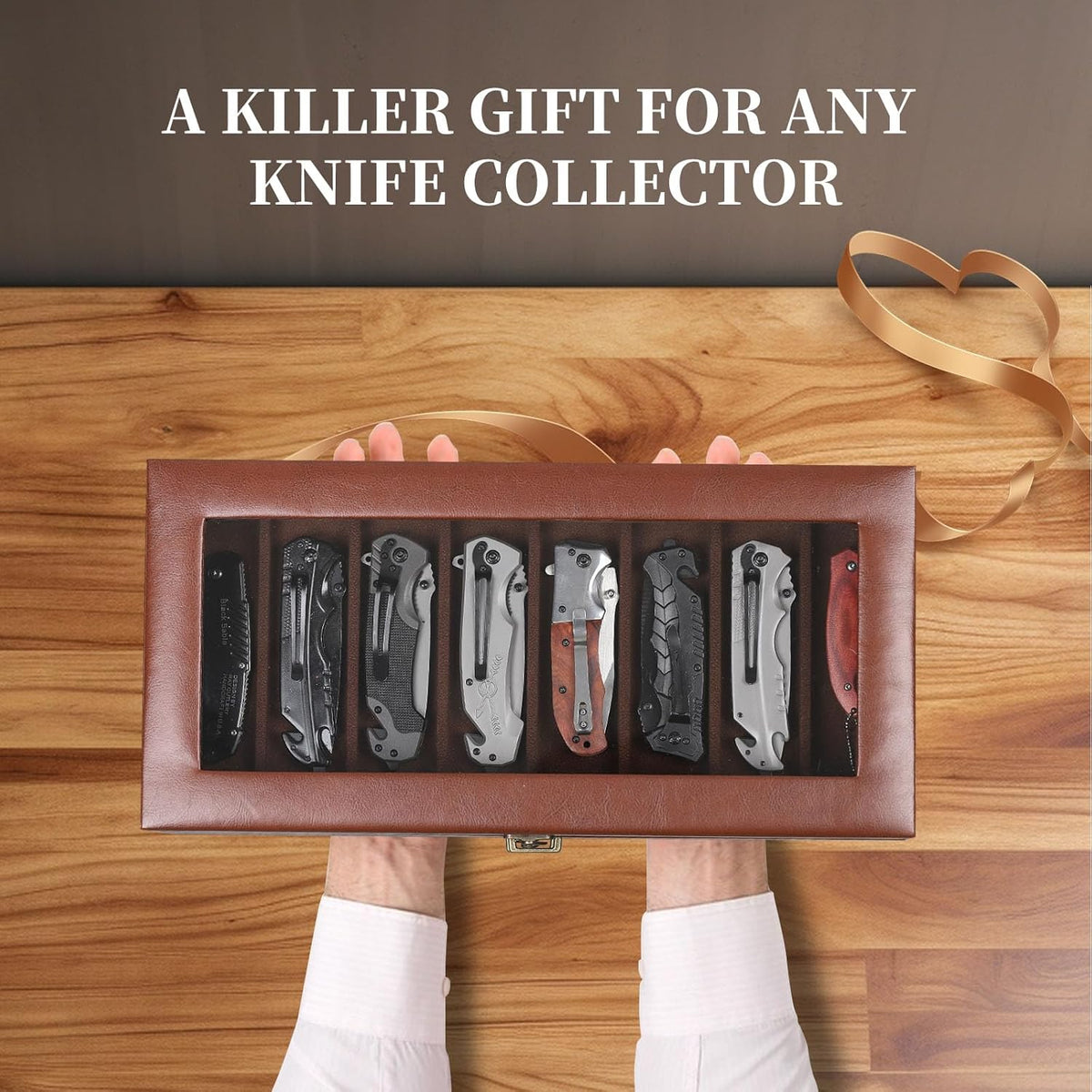 2-Tier PU Leather & Velvet Knife Organizer with 17 Slots,Transparent Glass Top & Drawer,Compact Storage for Pocket Knives,Perfect for Men's Collections & Gifts,Coffee,MKAW012