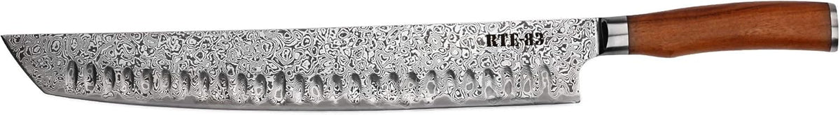 Route83 Signature Kamo XL Brisket Knife 13" Handmade Hammered Damascus American Walnut