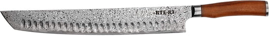 Route83 Signature Kamo XL Brisket Knife 13" Handmade Hammered Damascus American Walnut
