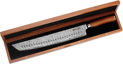 Route83 Signature Kamo XL Brisket Knife 13" Handmade Hammered Damascus American Walnut
