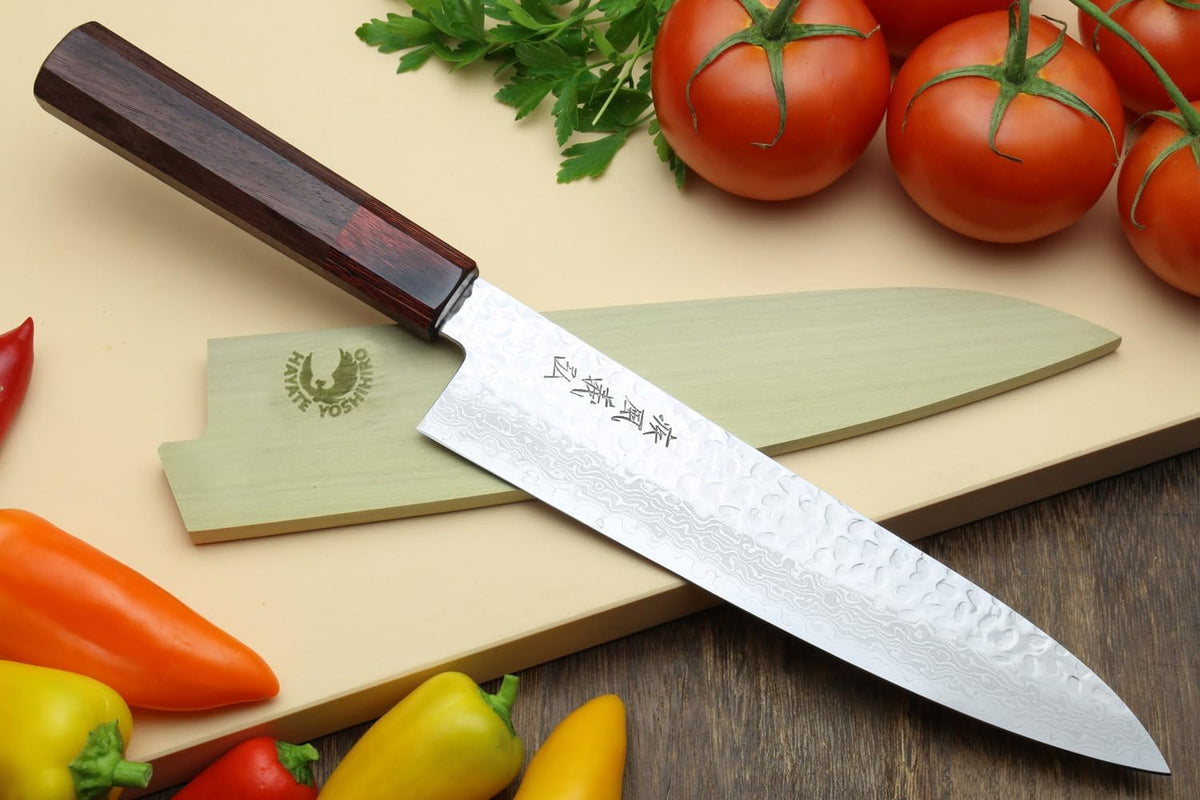 Yoshihiro VG10 46 Layers Hammered Damascus Gyuto Japanese Chefs Knife (Octagonal Shitan Rosewood Handle) (8.25" (210mm))