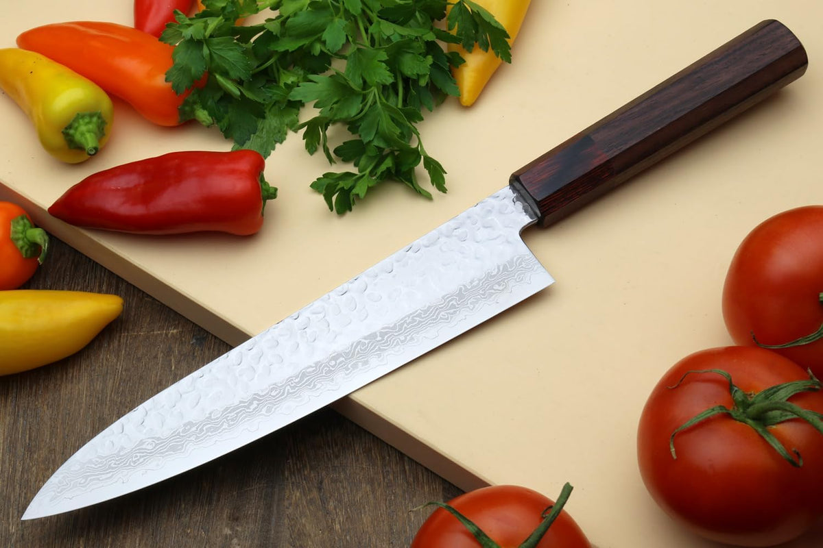 Yoshihiro VG10 46 Layers Hammered Damascus Gyuto Japanese Chefs Knife (Octagonal Shitan Rosewood Handle) (8.25" (210mm))