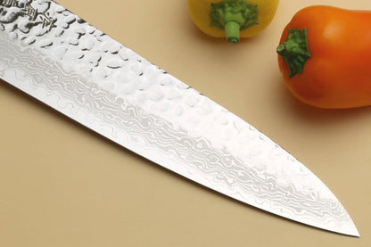 Yoshihiro VG10 46 Layers Hammered Damascus Gyuto Japanese Chefs Knife (Octagonal Shitan Rosewood Handle) (8.25" (210mm))