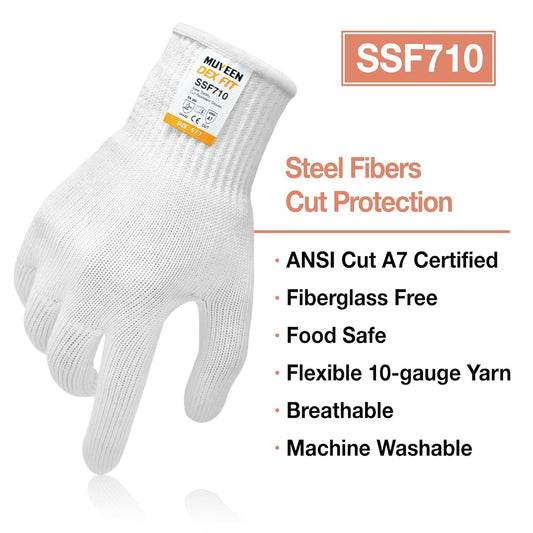 SSF710 Steel Fiber Level 7 Cut Resistant Gloves, Food Prep and Kitchen Safe, Anti Slip Grip, Comfort and Dexterity, Lightweight yet Durable, Machine Washable; White XS (6) 1 Pair