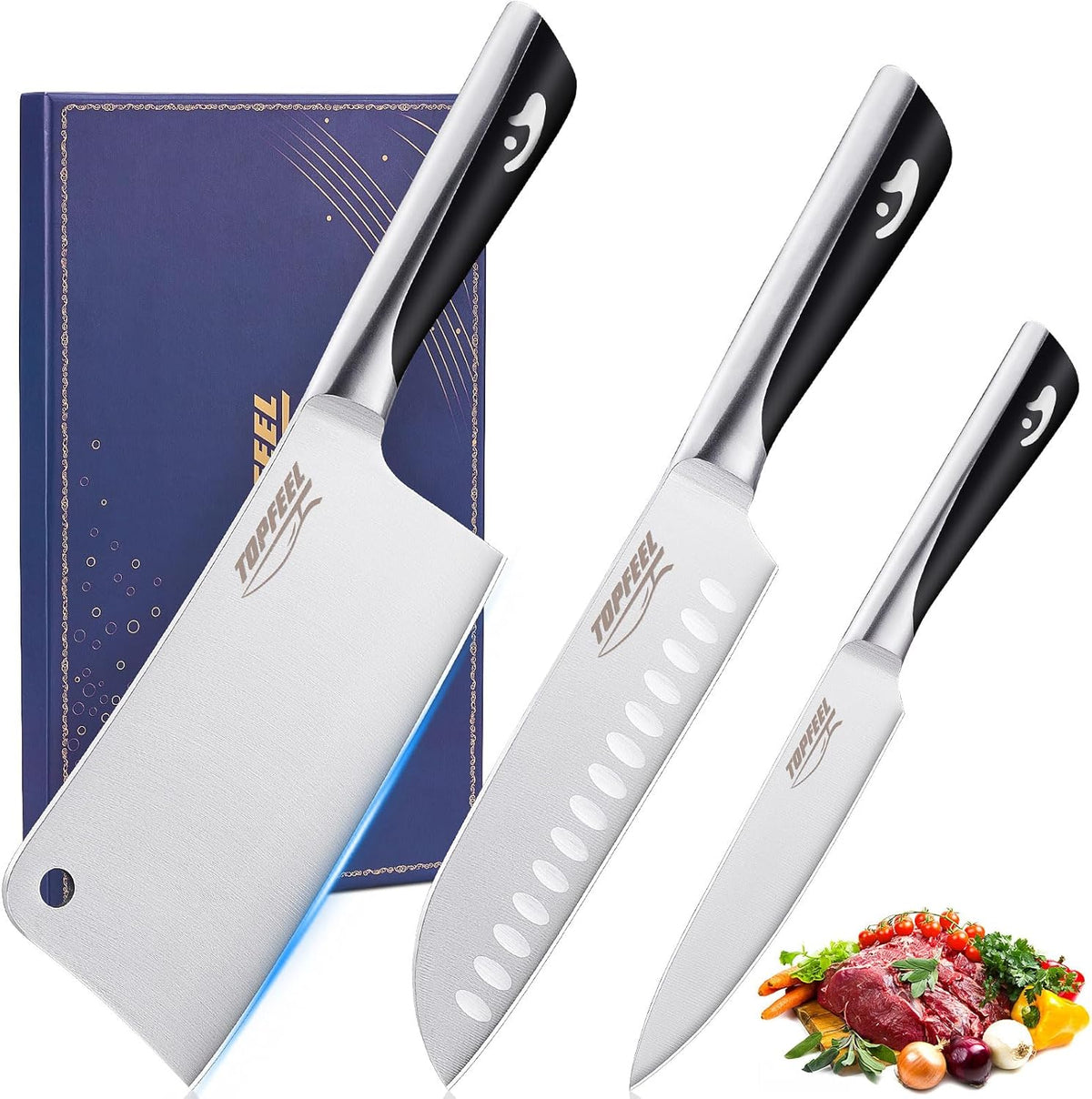 Butcher Knife Meat Cleaver Set 3Pcs-7" Heavy Duty Bone Chopper& 7" Santoku Knife& 5" Utility Knife, German Stainless Steel Chef Knives Set for Kitchen Home Gift