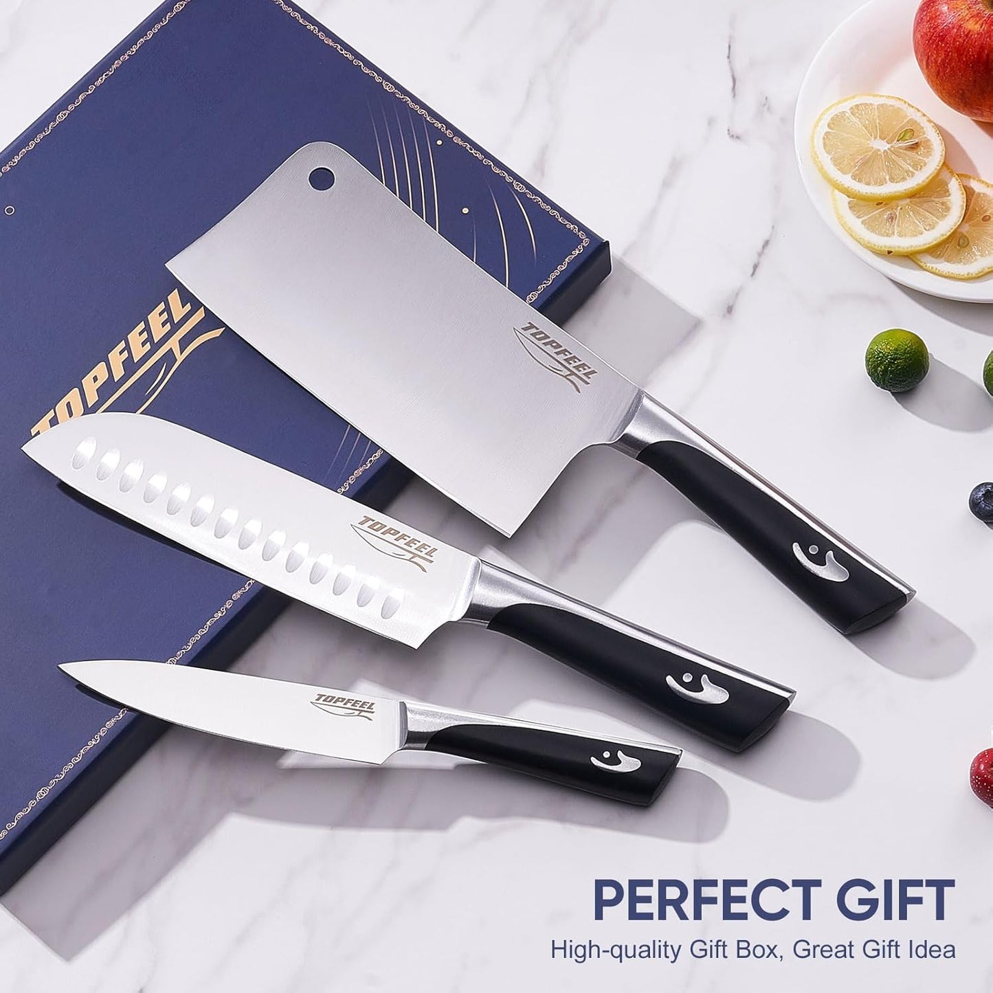 Butcher Knife Meat Cleaver Set 3Pcs-7" Heavy Duty Bone Chopper& 7" Santoku Knife& 5" Utility Knife, German Stainless Steel Chef Knives Set for Kitchen Home Gift
