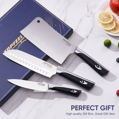 Butcher Knife Meat Cleaver Set 3Pcs-7" Heavy Duty Bone Chopper& 7" Santoku Knife& 5" Utility Knife, German Stainless Steel Chef Knives Set for Kitchen Home Gift
