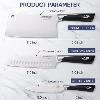 Butcher Knife Meat Cleaver Set 3Pcs-7" Heavy Duty Bone Chopper& 7" Santoku Knife& 5" Utility Knife, German Stainless Steel Chef Knives Set for Kitchen Home Gift