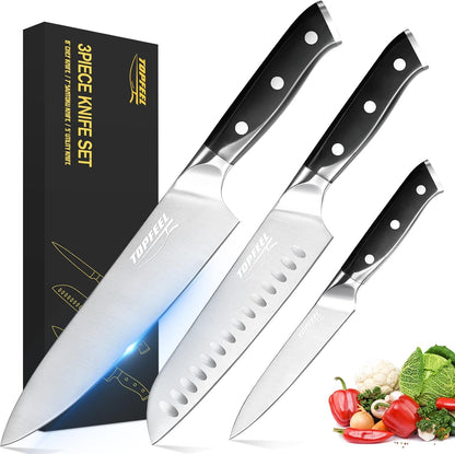 Butcher Knife Meat Cleaver Set 3Pcs-7" Heavy Duty Bone Chopper& 7" Santoku Knife& 5" Utility Knife, German Stainless Steel Chef Knives Set for Kitchen Home Gift