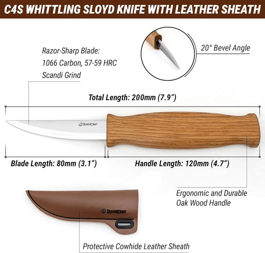 Wood Carving Sloyd Knife C4s 3" - Whittling Knife with Leather Sheath for Carvers - Chip Wood Carving Tools for Beginner and Profi