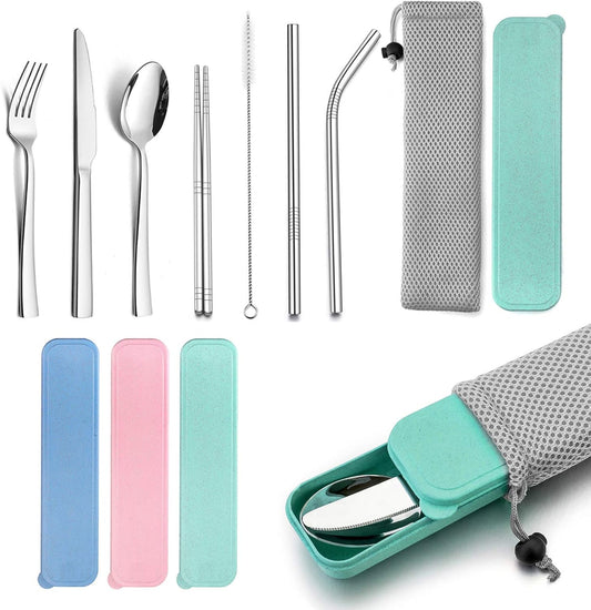 Portable Travel Utensils with Case, Stainless Steel Silverware Set for Camping Office School Lunch, Including Knife Fork Spoon Chopsticks, Reusable and Dishwasher Safe(Green)