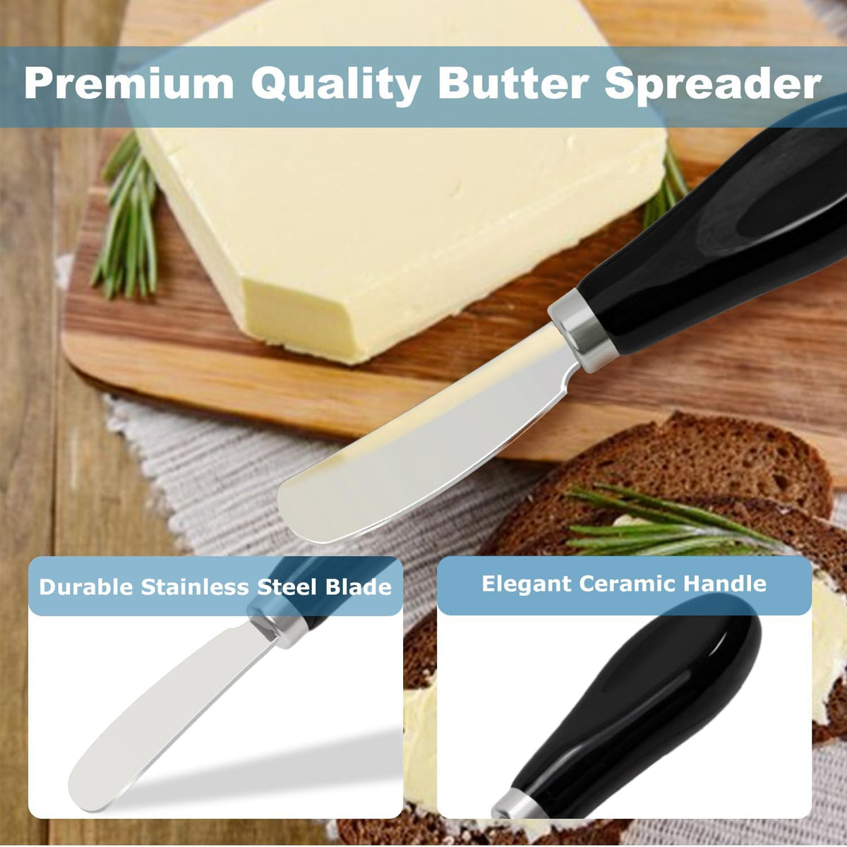 Butter Spreader Knives Set of 4, Stainless Steel Butter Knife with Porcelain Handles, Blunt Edge Cheese Spreader Set for Soft Cheese, Butter, Jam, Charcuterie, Pastry