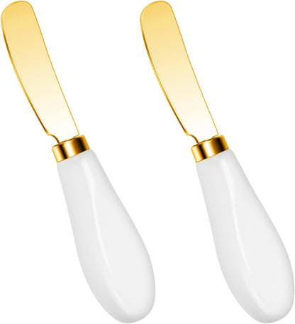 Butter Spreader Knives Set of 4, Stainless Steel Butter Knife with Porcelain Handles, Blunt Edge Cheese Spreader Set for Soft Cheese, Butter, Jam, Charcuterie, Pastry
