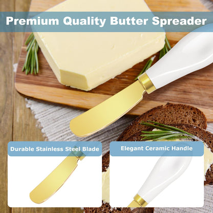 Butter Spreader Knives Set of 4, Stainless Steel Butter Knife with Porcelain Handles, Blunt Edge Cheese Spreader Set for Soft Cheese, Butter, Jam, Charcuterie, Pastry