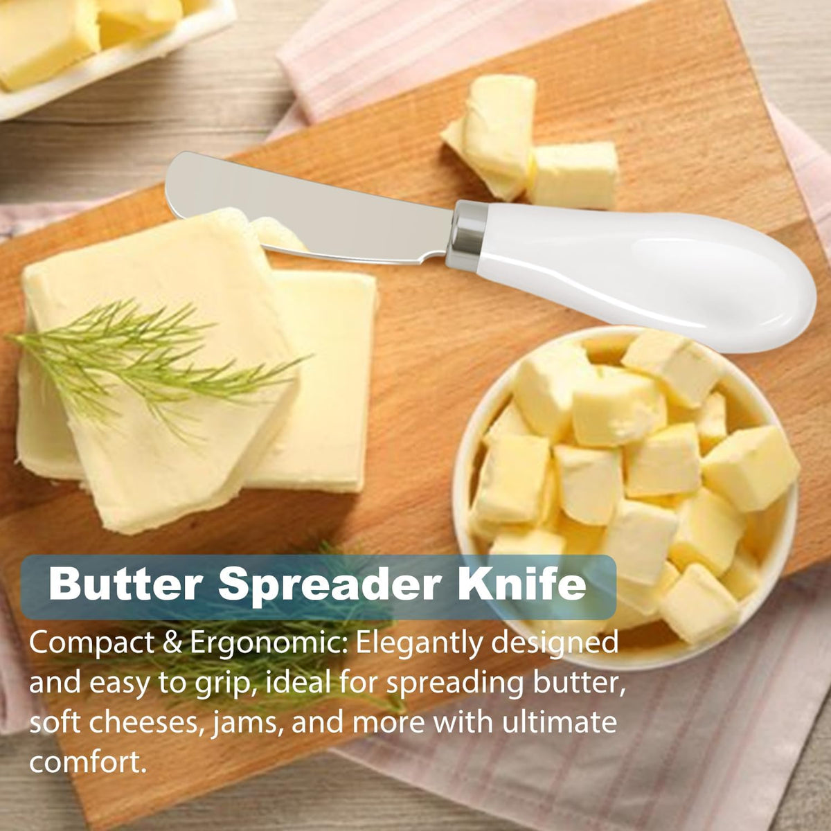 Butter Spreader Knives Set of 4, Stainless Steel Butter Knife with Porcelain Handles, Blunt Edge Cheese Spreader Set for Soft Cheese, Butter, Jam, Charcuterie, Pastry