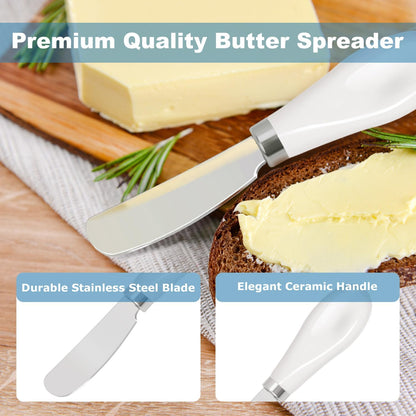 Butter Spreader Knives Set of 4, Stainless Steel Butter Knife with Porcelain Handles, Blunt Edge Cheese Spreader Set for Soft Cheese, Butter, Jam, Charcuterie, Pastry