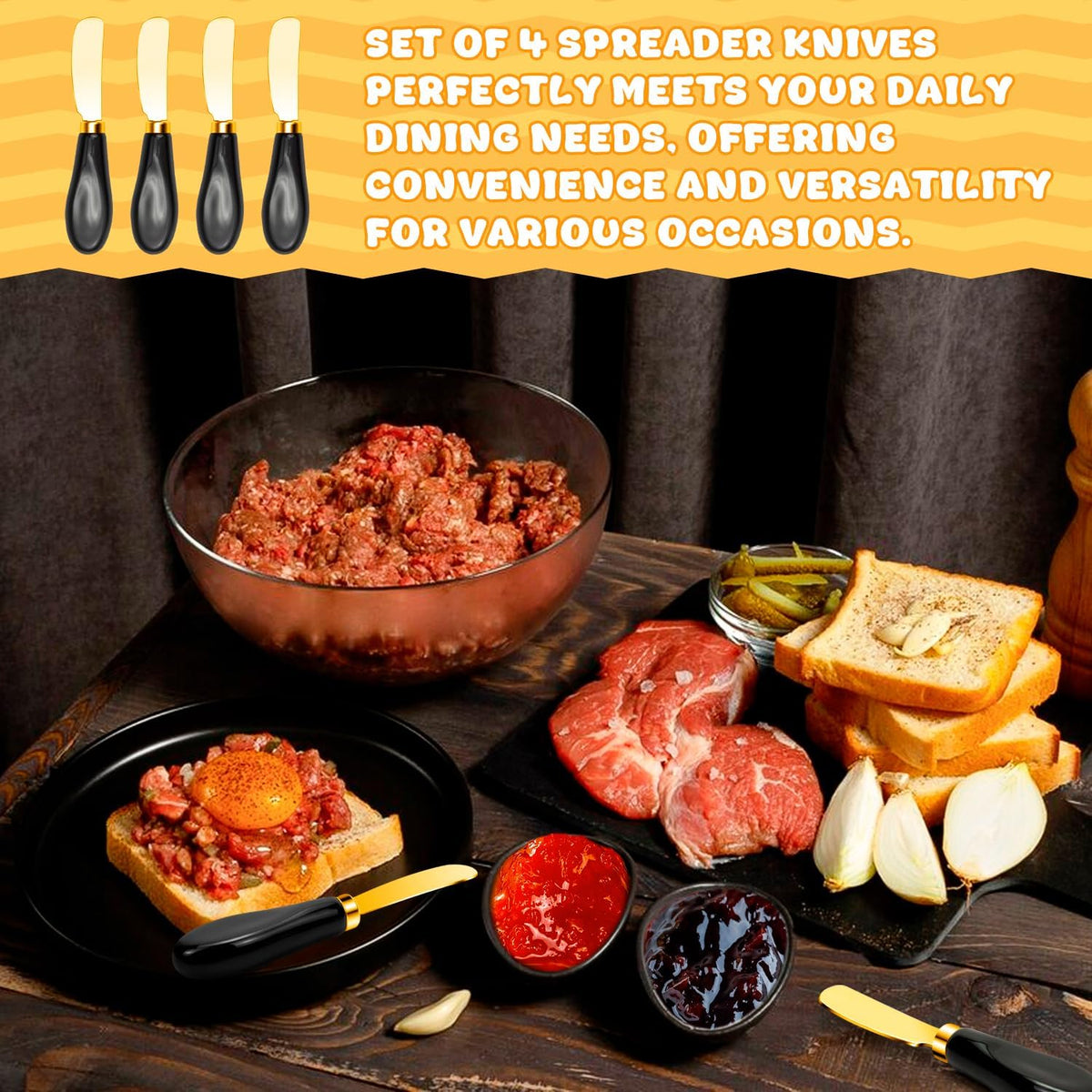 Butter Spreader Knives Set of 4, Stainless Steel Butter Knife with Porcelain Handles, Blunt Edge Cheese Spreader Set for Soft Cheese, Butter, Jam, Charcuterie, Pastry