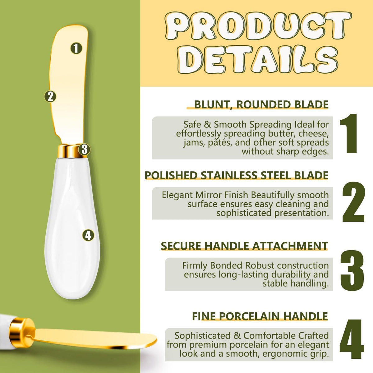 Butter Spreader Knives Set of 4, Stainless Steel Butter Knife with Porcelain Handles, Blunt Edge Cheese Spreader Set for Soft Cheese, Butter, Jam, Charcuterie, Pastry