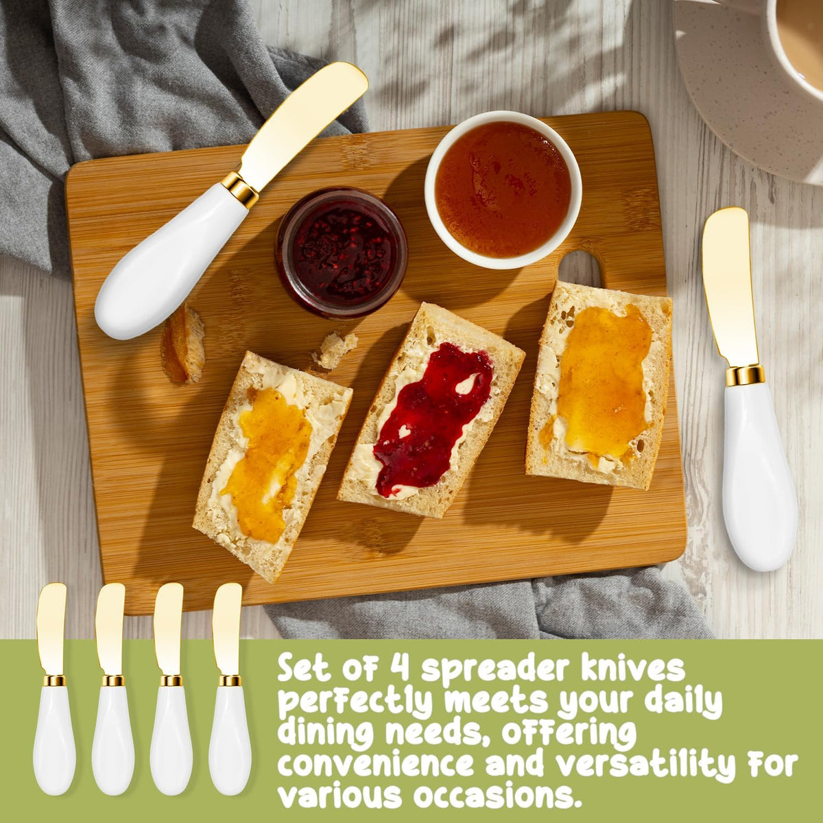 Butter Spreader Knives Set of 4, Stainless Steel Butter Knife with Porcelain Handles, Blunt Edge Cheese Spreader Set for Soft Cheese, Butter, Jam, Charcuterie, Pastry